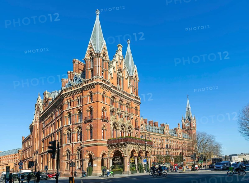 St Pancras Renaissance international railway station hotel, London, England, UK, Gothic Revival architecture by Sir George Gilbert Scott 1873