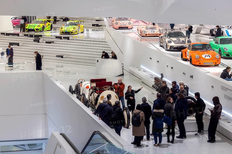 Porsche Museum Stuttgart-Zuffenhausen. The automotive museum of Dr. Ing. h.c. F. Porsche AG shows racing cars and iconic cars from automotive history. Since opening in 2009, it has attracted over 6.5 million visitors. interior view. Stuttgart, Baden-Württemberg, Germany