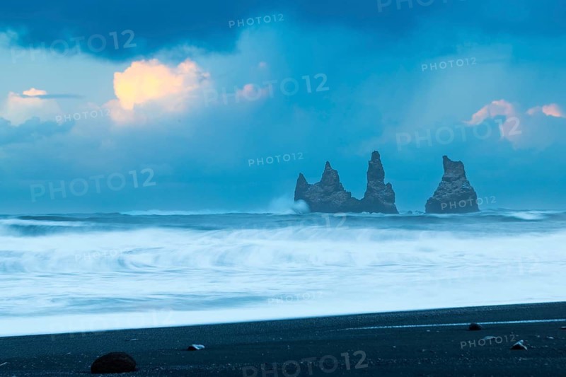 Reynisdrangar pinnacles, lava sandy beach, waves sea, winter, Vik, Iceland, Scandinavia
