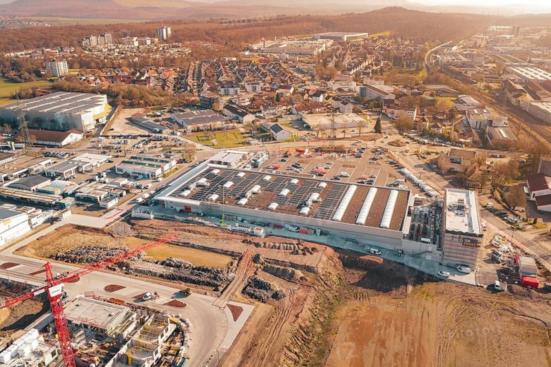 Industrial area with photovoltaics and construction in an urban autumn landscape, PV construction Auf OBI Bau Markt, Mühlacker, Enzkreis, Germany