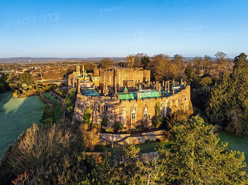 Berkeley Castle from a drone, Berkeley, Cotswolds, Gloucestershire, England, United Kingdom