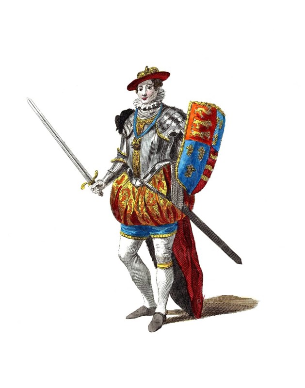 Historical clothing, fashion over time, military uniform of Edward VI, Edward Tudor, born 12 October 1537, died 6 July 1553, as the third monarch of the Tudor dynasty from 1547 to 1553 King of England and Ireland, here in 1552, digitally restored reproduction of a model from the 18th/19th century, exact date unknown, knight in colourful armour with sword and shield, wearing helmet and looking noble