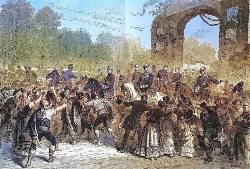 General Prim crossing the Prado being celebrated by the people of Madrid, 1869, Prim himself was appointed Prime Minister by Serrano, Spain, Historic, digitally restored reproduction of an original 19th century painting, exact original date not known