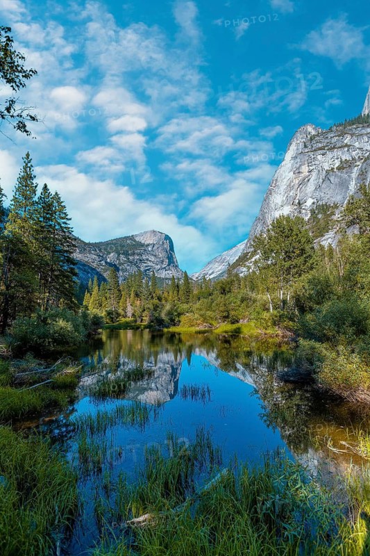 Reflections in the water of the Yosemite Mountains in Mirror lake, Yosemite. California, United States