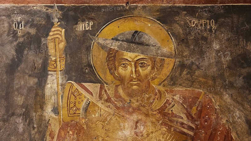 Holy painting of a man with staff and golden halo, Monastery Thari, Moni Thari, near Gadouras Reservoir, lonely mountain region, Rhodes, Dodecanese, Greek Islands, Greece