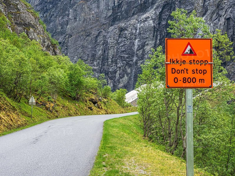 Narrow road, warning sign, landslide, dont stop, Norangdal valley, Norway