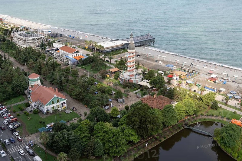 Batumi, Georgia. July 21st 2025. Aerial panoramic view of Batumi Black Sea coast and Sherif Khimshiashvili Street, lined with holiday hotels and rental apartments and tourist entertainment
