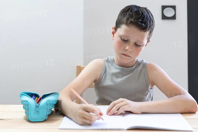 A young student intently writes in a notebook, surrounded by school supplies on a wooden desk. The image captures concentration and learning in a home setting