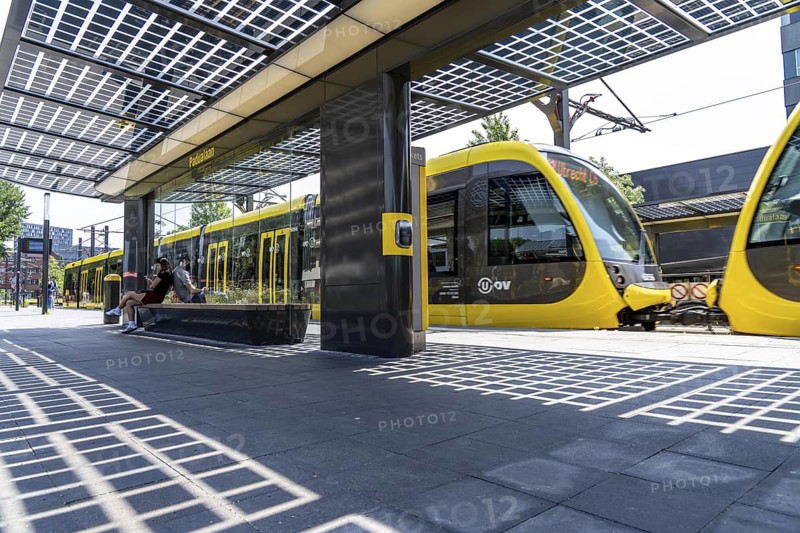 New bus and tram stops at Science Park Utrecht, Utrecht University, the stops have been redesigned, have LED lighting, video surveillance and a transparent solar roof, Netherlands