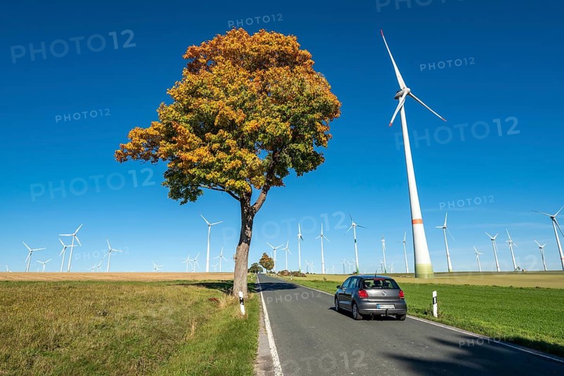 Country road, wind farm above the village of Lichtenau, self-proclaimed energy town, Paderborn district, OWL, A North Rhine-Westphalia, Germany