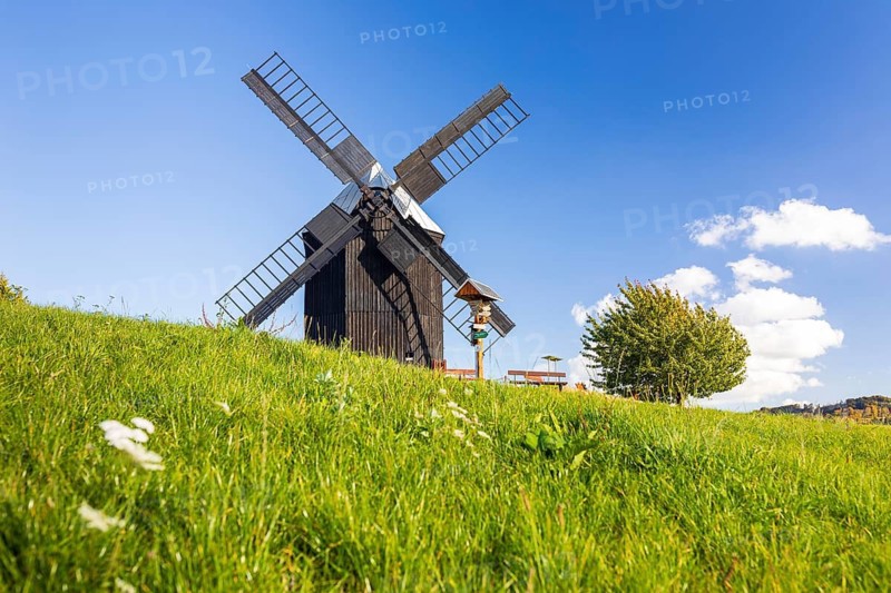 Trestle windmill in Kottmarsdorf, Kottmar, Oberlausitzer Bergland, Saxony, Germany