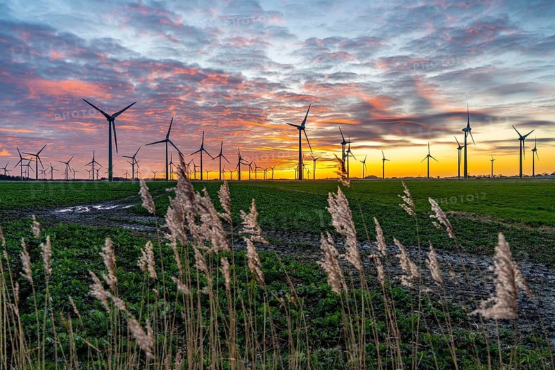 Wind farm near the East Frisian town of Norden, east of the town, sunset, Lower Saxony, Germany