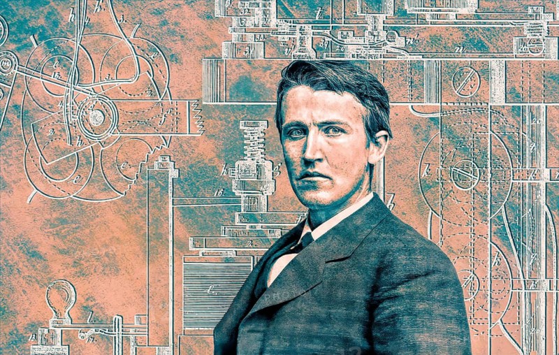 Thomas Alva Edison, 1847, 1931, American inventor, Telegraph Apparatus, Patented 1872, digitally edited according to a photography by Mathew Brady, 1878