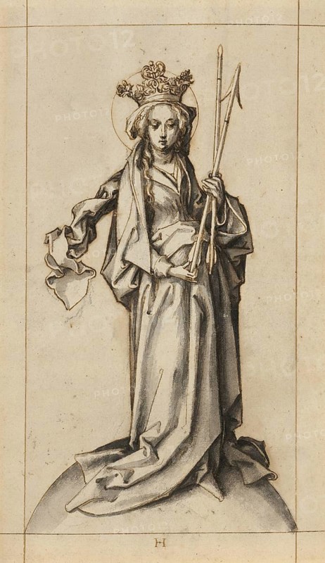 Picture shows St Ursula, she is depicted as a king's daughter with a crown, traditionally holding arrows as her attributes, authentic reproduction of a work of art, painting, drawing by Hans Holbein the Elder (born 1465 in Augsburg, died 1524 in Basel or Isenheim), German painter of the Renaissance, historical