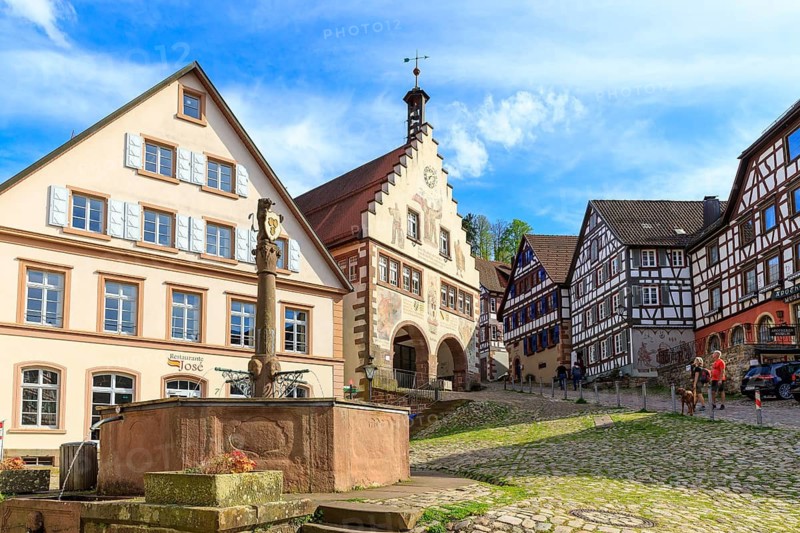 Historic market square with town hall with stepped gable and half-timbered houses, Schiltach, Black Forest, Baden-Württemberg, Germany
