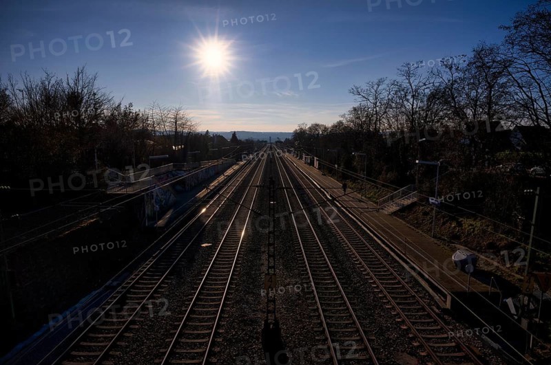 Backlight, rails, stop, station, platform, summer train, evening mood, Stuttgart, Baden-Württemberg, Germany