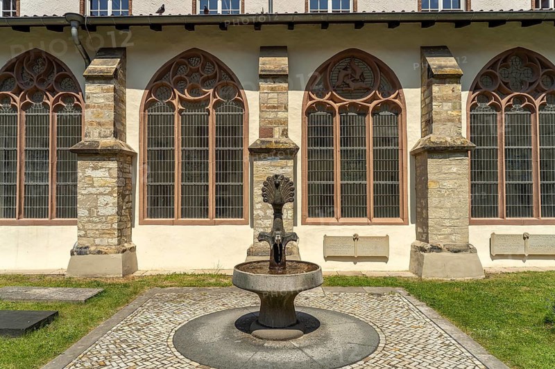 Fountain in the inner courtyard of Paderborn Cathedral, Paderborn, North Rhine-Westphalia, Germany