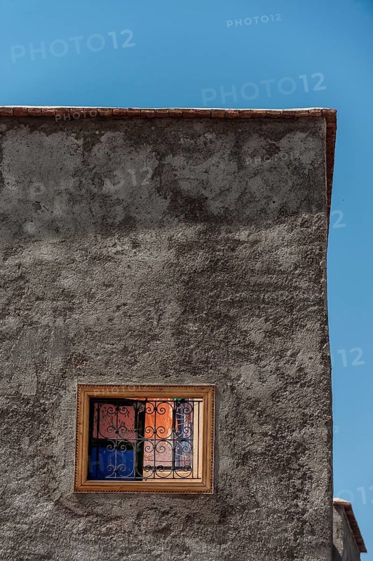 Clay plaster wall with colourful window, house, facade, house wall, plaster wall, architecture, texture, surface, Marrakech