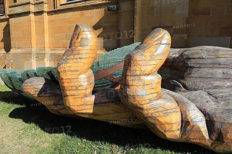The glass ark, artists Ronald Fischer and Hubert Stern, a five metre long art object supported by a wooden hand, artists Tomas Indra and Libor Kuzdas. Here at a station in front of the Vierzehnheiligen pilgrimage church, Lichtenfels district, Upper Franconia, Bavaria, Germany (permanent work of art in public space)