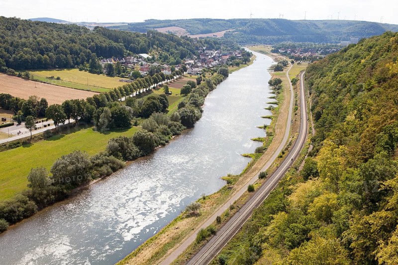 View from the Skywalk on River Weser, Beverungen, Weser Uplands, North Rhine-Westphalia, Germany