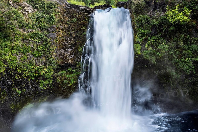Waterfall falls over mossy rock face into basins surrounded by thick vegetation, Huilo Huilo Biological Reserve, Los Ríos Region, Chile