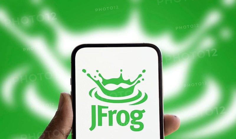 JFrog logo is displayed on smartphone.