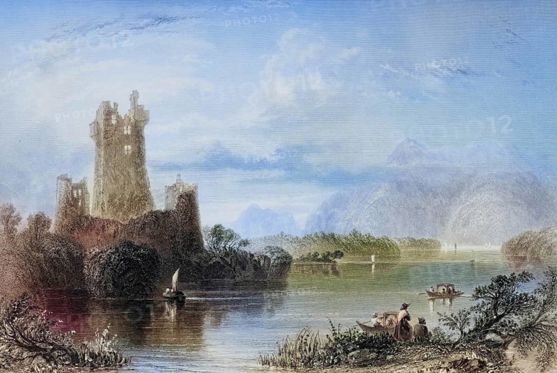 Ross Castle, County Kerry, Killarney, Ireland, from the Landscape and Antiquities of Ireland, 1841, digital reproduction of a historical model