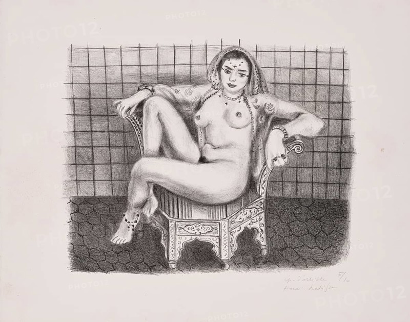 Henri Matisse, Henri Emile Benoit Matisse (born 31 December 1869, died 3 November 1954 in Cimiez), French painter, graphic artist, draughtsman, Classical Modernist. Here his work:, Jeune hindoue (1929), Young Hindu woman, Hindu girl, Painting, Reproduction of the painting, Artwork, Historical, A detailed drawing of a nude woman sitting casually on an ornate chair