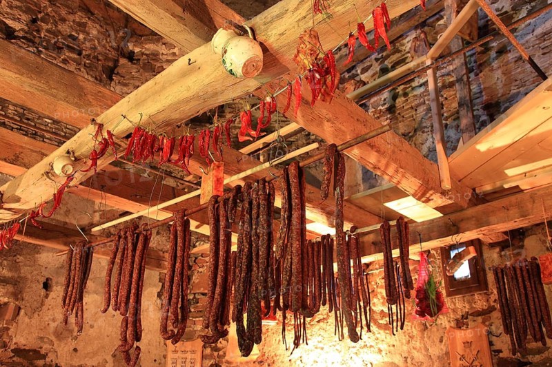 Municipality of Cristian, German Grossau, sausages and bacon are still kept today in the historic bacon tower of the fortified church, Sibiu district in Transylvania, Romania