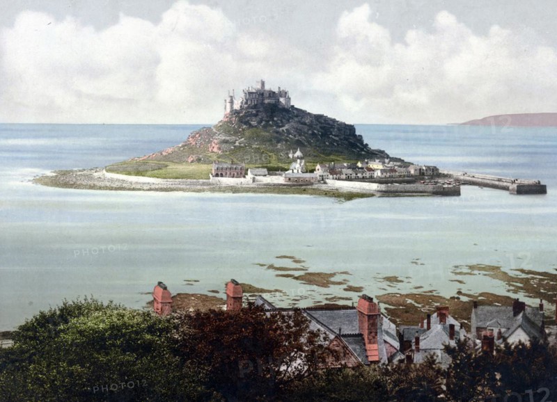 St Michael's Mount, Penzance, a tidal island on the south-west tip of England, c. 1890, Historic, digitally restored reproduction from a 19th century original