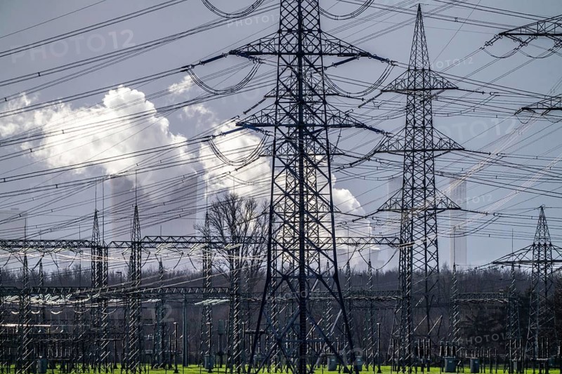 RWE Power lignite-fired power plant Niederaussem, high-voltage pylons, transformer station, power lines, power plant units, chimneys, cooling towers, North Rhine-Westphalia, Germany