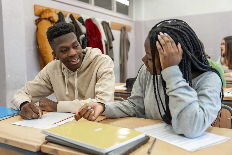 Two high school students working together on a project, sharing ideas and collaborating in a classroom setting