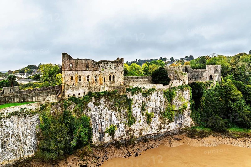 Autumn over Chepstow Castle and River Wye from a drone, Chepstow, Monmouthshire, Wales, UK