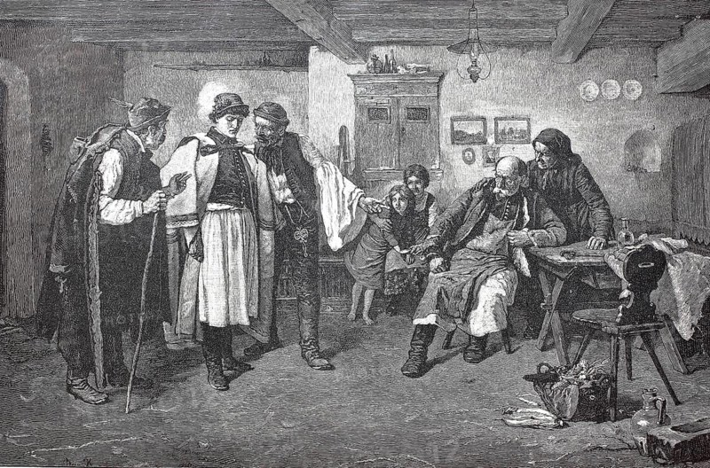 Reconciliation in the family, reconciliation, family peace, 1890, Hungary, digital reproduction of an original from the 19th century, historical
