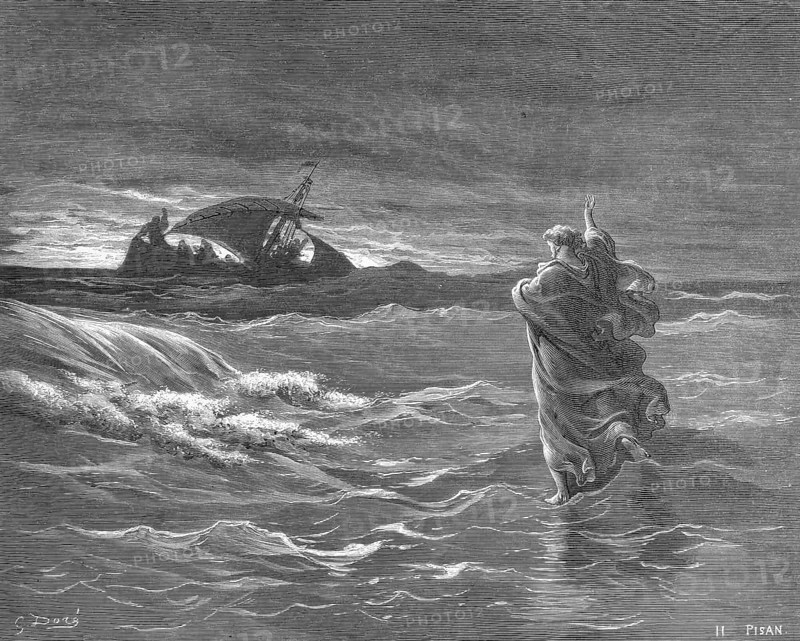 Jesus walks on water, boat with disciples far from shore, Matthew chapter 14, verse 25, high swell, storm, sailboat, wide sea, night, rescue, Christian religion, Bible, New Testament, steel engraving Doré, historical illustration 1885