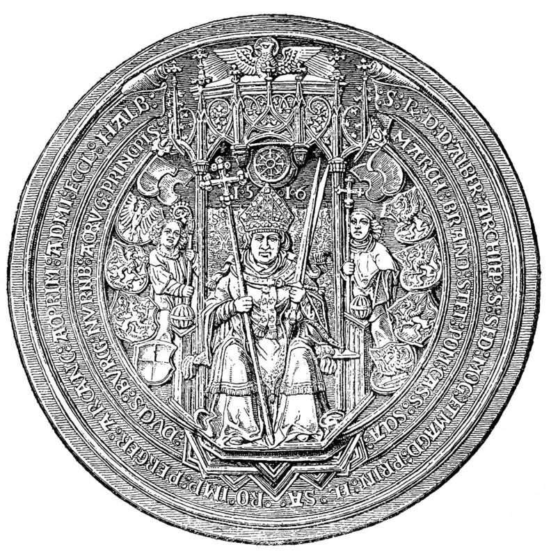 Seal of Albrecht von Hohenzollern, 1490 - 1545, Elector and Archbishop of Mainz from and Archbishop of Magdeburg, Historische Zeichnung, das Siegel von Albrecht Kardinal von Brandenburg, 1490 - 1545, Erzbischof von Magdeburg und Mainz, Kardinal der Römischen Kirche