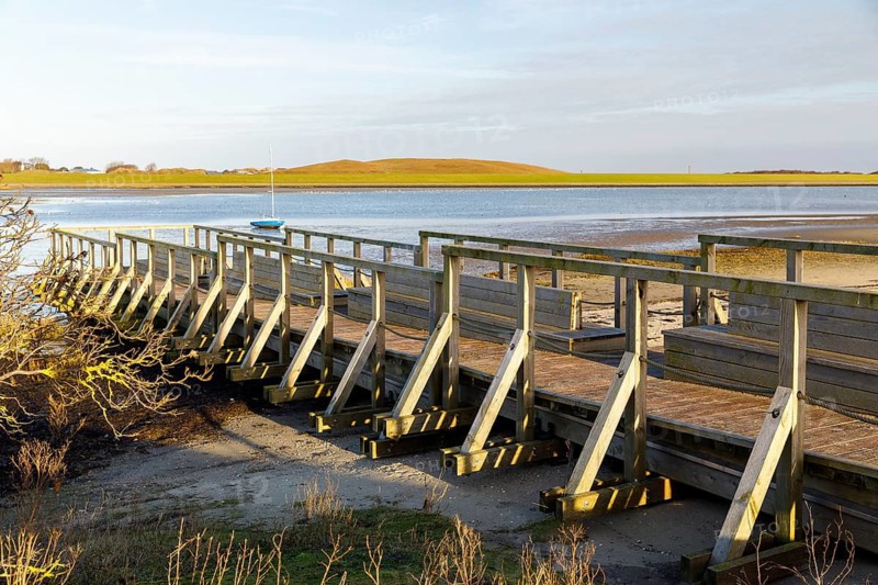 Wooden jetty on the mudflats on the south beach, in the background the south beach polder dyke, Norderney, Lower Saxony, Germany