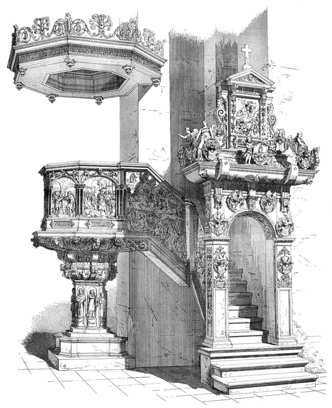 Historical architectural illustration from the 19th Century, 1881, German Renaissance style, pulpit, 16th century, Cathedral of Trier also Trierer Dom, Trier, Rhineland-Palatinate, Germany, Europe, Deutsche Renaissance, Architektur-Zeichnung von 1881, die Kanzel im Dom Sankt Peter, Trier, Deutschland, Europa