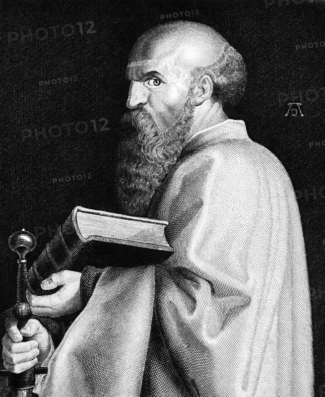Portrait of St Paul the Apostle after Albrecht Dürer, crenelated view, prayer wheel, Bible, historical illustration 1854