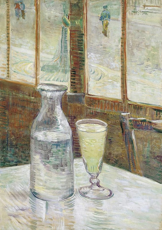 Café table with absinthe (1887), Café table with absinthe (1887), Painting by Vincent Willem van Gogh (born 30 March 1853 in Groot-Zundert, died 29 July 1890 in Auvers-sur-Oise), Dutch painter and draughtsman, one of the founders of modern painting, Illustration, Reproduction from a painting. Authentic, exact date of original unknown, Historical, Still life of a table in a café with glass and bottle in soft light