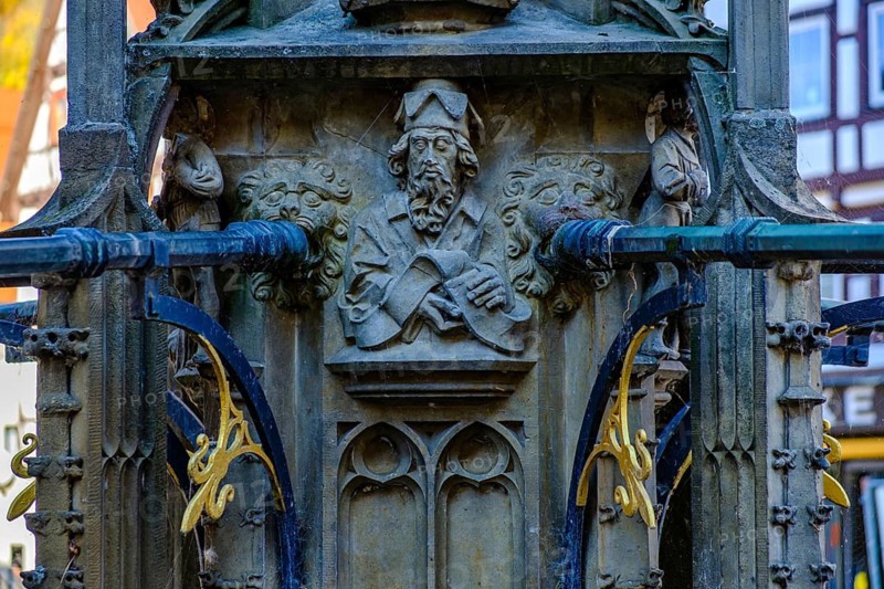 Detail of late Gothic market fountain from around 1500, Bad Urach, Swabian Alb, Baden-Württemberg, Germany