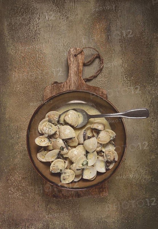 Vongole clams, in cream sauce, homemade, top view, no people