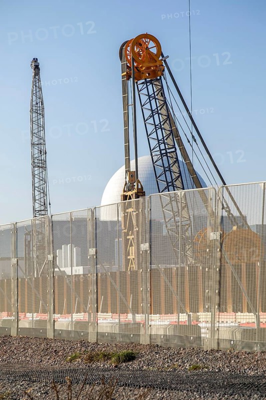 Preparatory construction work, Sizewell C nuclear power station, Sizewell, Suffolk, England, UK - Sizewell B dome in background March 2026