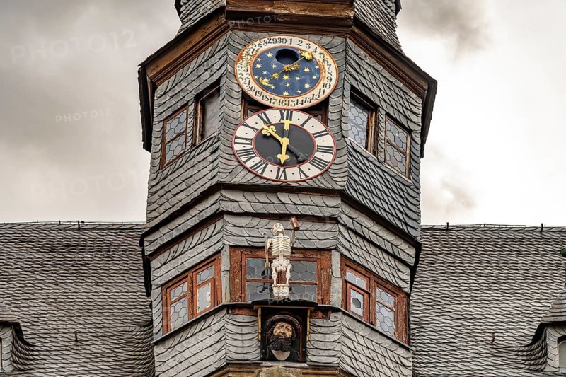 Moon clock on the lancet clock of the New Town Hall Ochsenfurt, Lower Franconia, Bavaria, Germany
