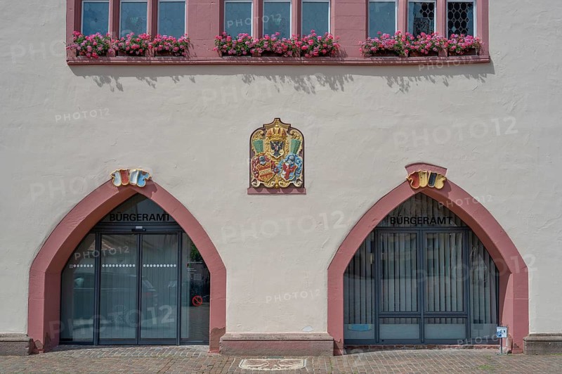 Two entrance portals and coat of arms relief from the Old Town Hall, Villingen-Schwenningen, Baden-Württemberg, Germany