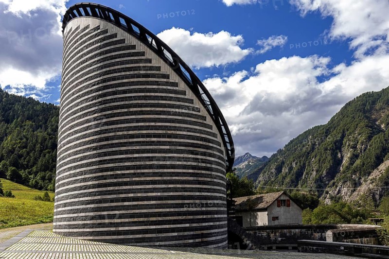Chiesa di San Giovanni Battista, exterior view, architect Mario Botta, Mogno, near Fusio, Lavizzara, Canton Ticino, Switzerland