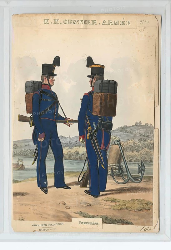 Pontoniers are genius troops intended for bridge-building, belong to the field artillery, Austria, Germany, Historical, digitally restored reproduction from a 19th century model, Record date not stated