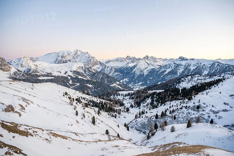 Beautiful landscape of the Mountain silhouettes of the Sexten Dolomites on a sunny winter day, South Tyrol, Trentino-South Tyrol, Alto-Adige, Italy