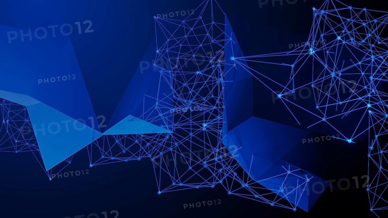 This composition features an intricate design of blue geometric shapes connected by glowing lines, representing a blend of technology and abstract art in a modern style