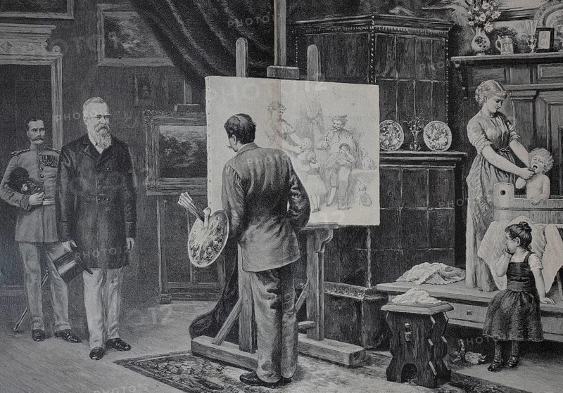 Visit of Prince Regent Luitpold Karl Joseph Wilhelm of Bavaria (12 March 1821 to 12 December 1912) in the Painter's Studio, 1880, Bavaria, Germany, Historic, digitally restored reproduction of an original 19th-century painting